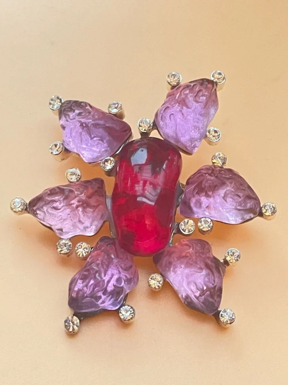 Vtg Cecile & Jeanne Poured Glass Brooch Pendant Gripoix Style W/ Pink Glass & Rh